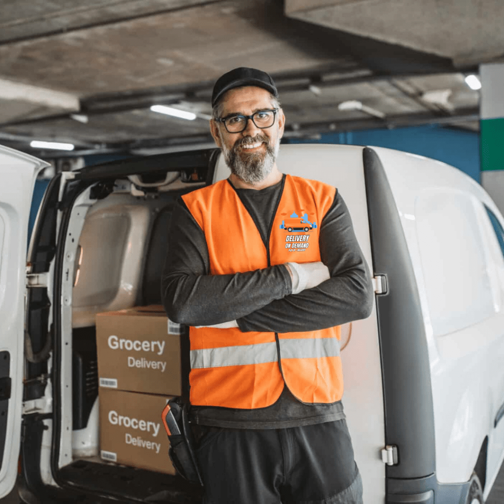 Delivery driver in a small cargo van unloading grocery boxes for same-day delivery, showcasing efficient and reliable courier services.