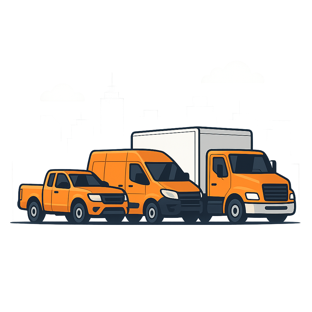 Fleet of Delivery On Demand vehicles including car, van, pickup, and box truck lined up in front of Orlando skyline.