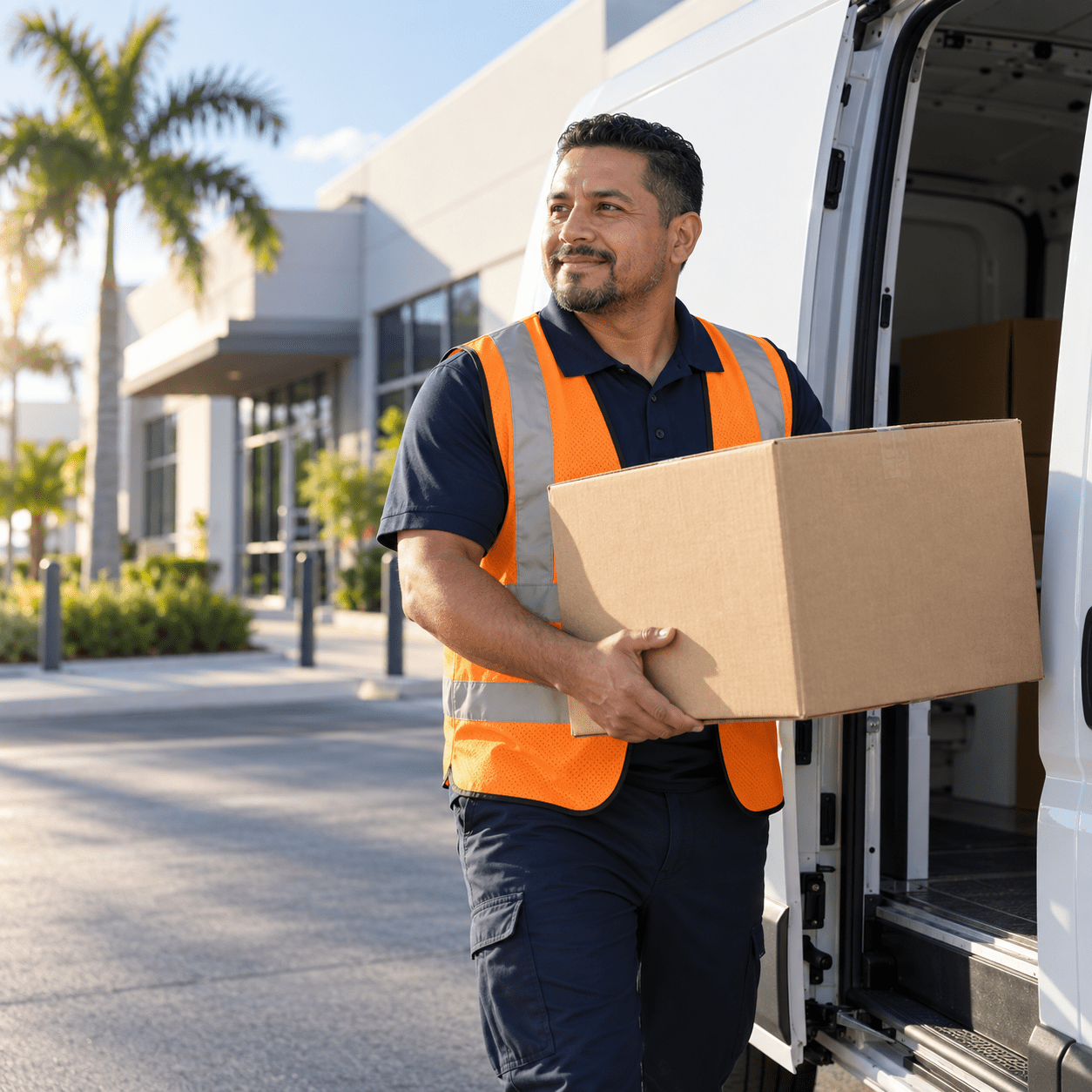 Illustration of a courier carrying a package beside a cargo van
